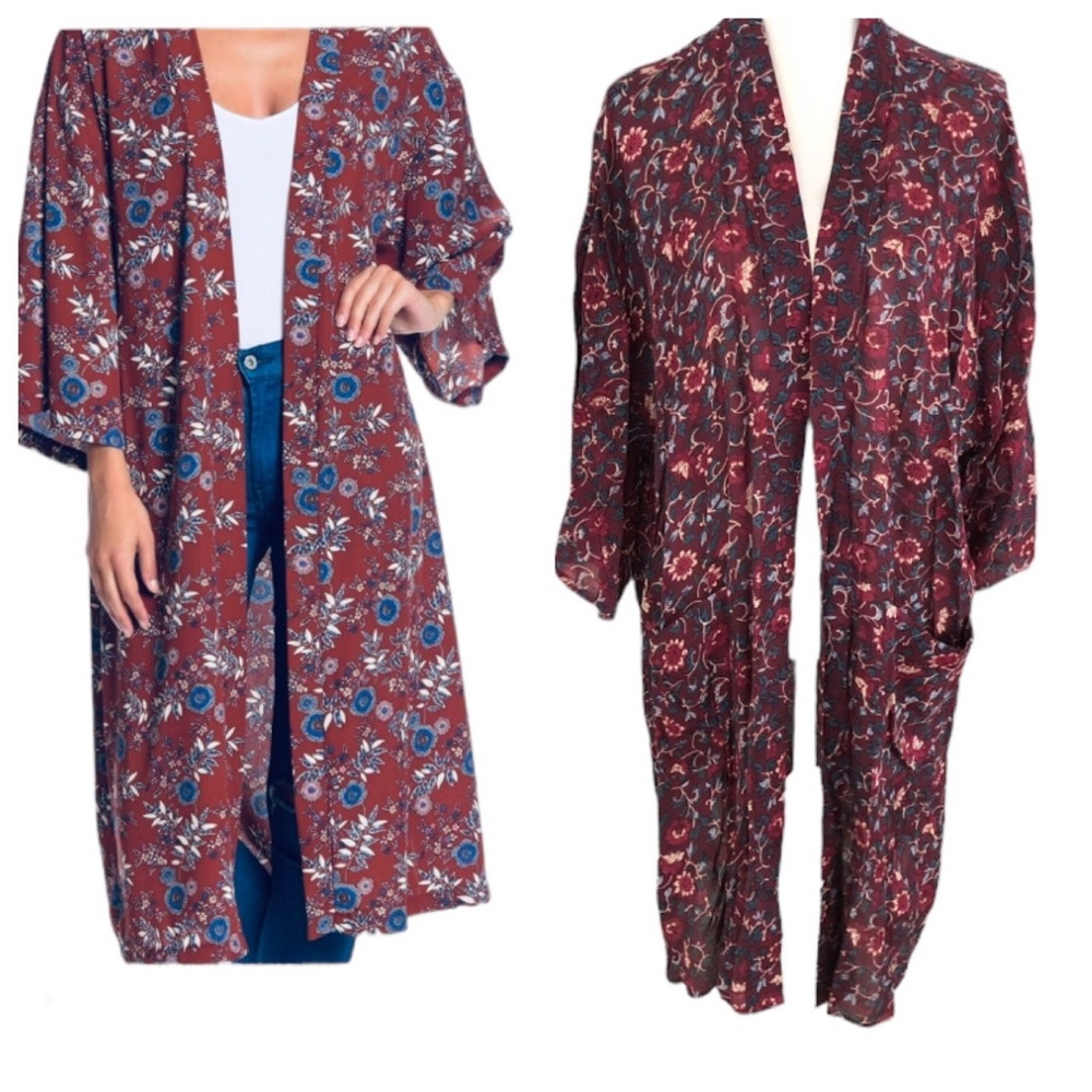 All in Favor Plumb Floral Open Kimono Kaftan Size L NEW